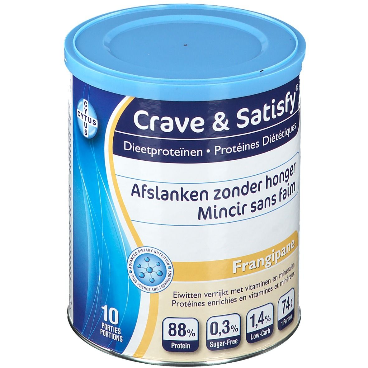 Crave & Satisfy-pot, dieet Frangipane. Blauw deksel, witte pot met tekst en voedingsinformatie. 10 porties.