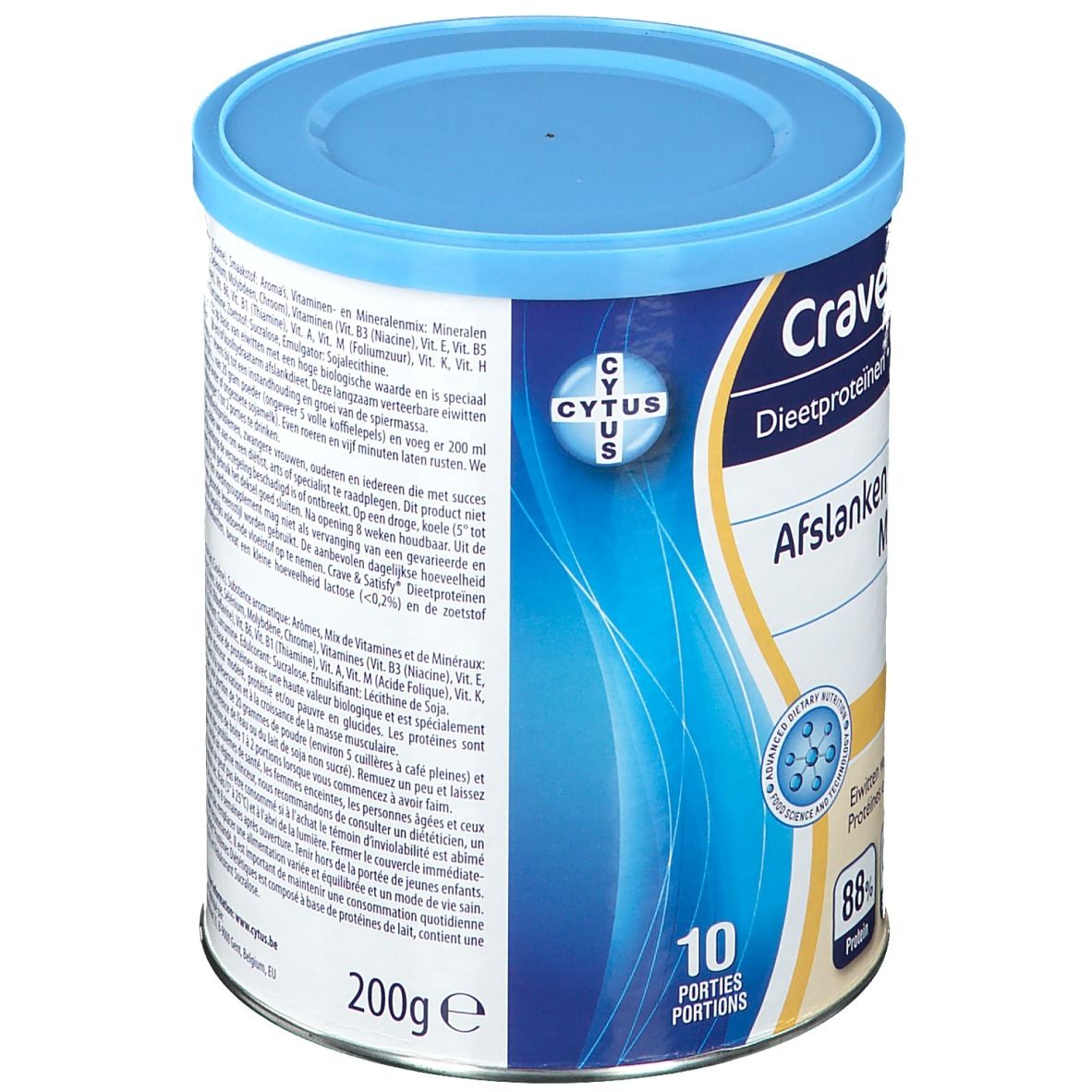 Achterkant van de Crave & Satisfy-pot. Bevat ingrediëntenlijst en voedingsinformatie. Blauw deksel, witte pot. 200g.