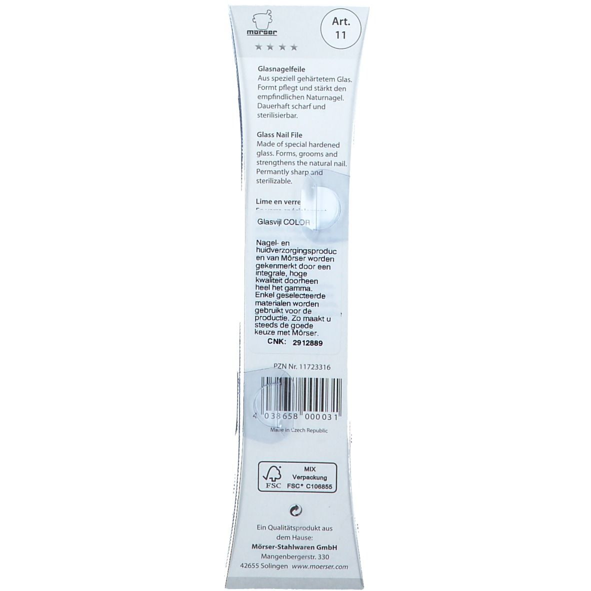 Rückseite der Verpackung. Text in Deutsch, Englisch und Niederländisch. Barcode und Logo.