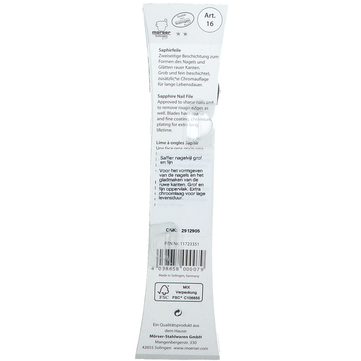 Achterkant van de verpakking. Productnaam, beschrijving in het Duits, Engels, Frans en Nederlands. Barcode en logo.