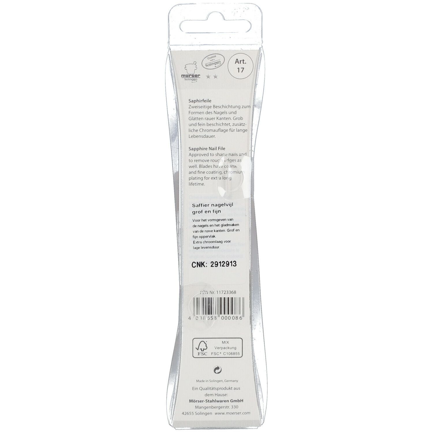 Rückseite der Verpackung. Text in Deutsch, Englisch und Niederländisch. Produktname, Herstellerinformationen, Barcode.