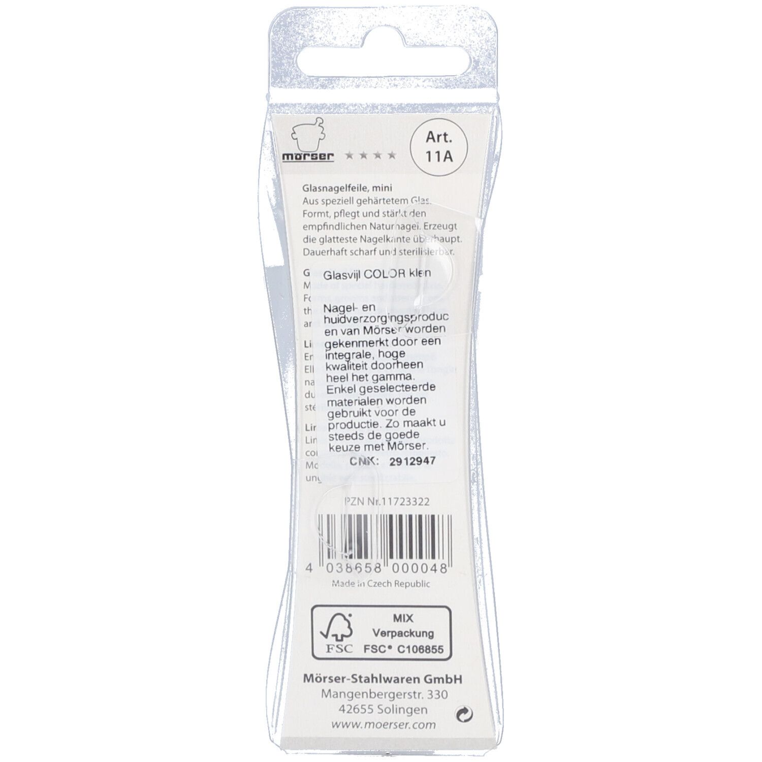 Rückseite der Verpackung. Text in mehreren Sprachen. Mörser-Logo. FSC-Zertifizierung. Artikelnummer 11A.