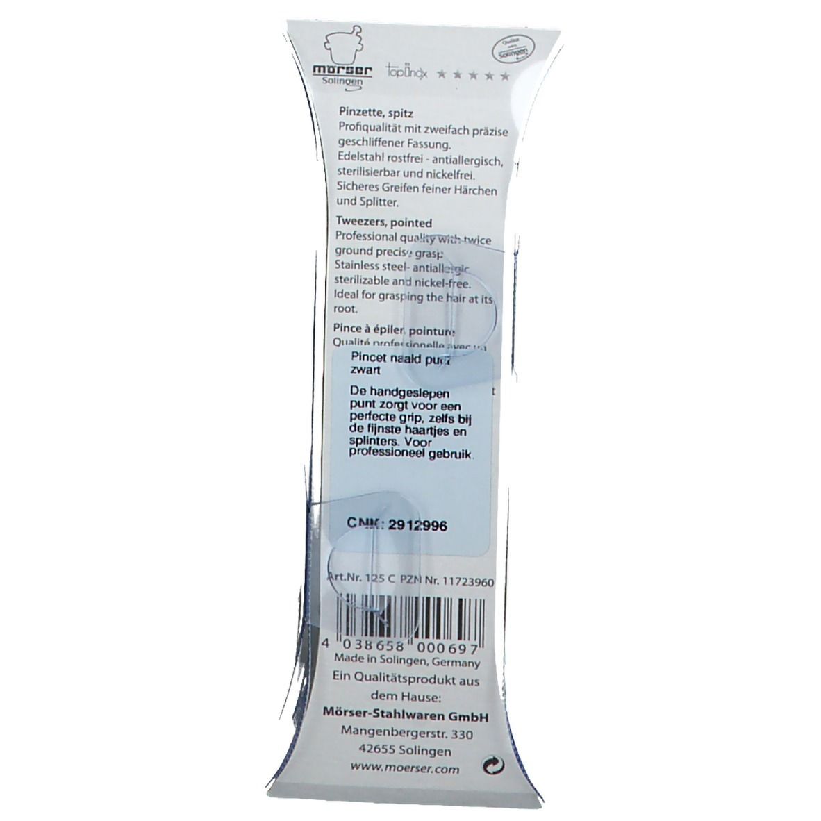 Achterkant van de pincetverpakking. Tekst met productinformatie, fabrikant en barcode. Roestvrij staal.