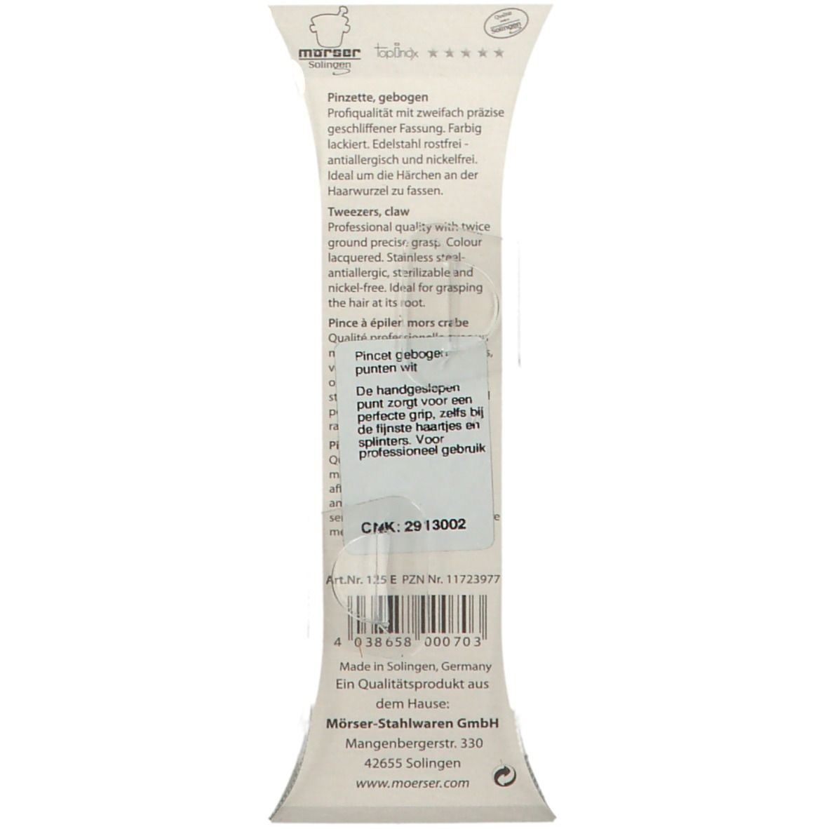 Dos de l'emballage de la pince à épiler. Texte en allemand et en anglais. Marque : mörser. Nom du produit : Pince courbée.