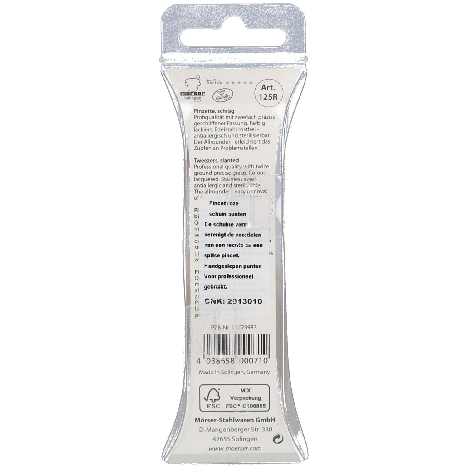Moser Pinzette, schräg, in Blisterverpackung. Edelstahl, doppelt lackiert.