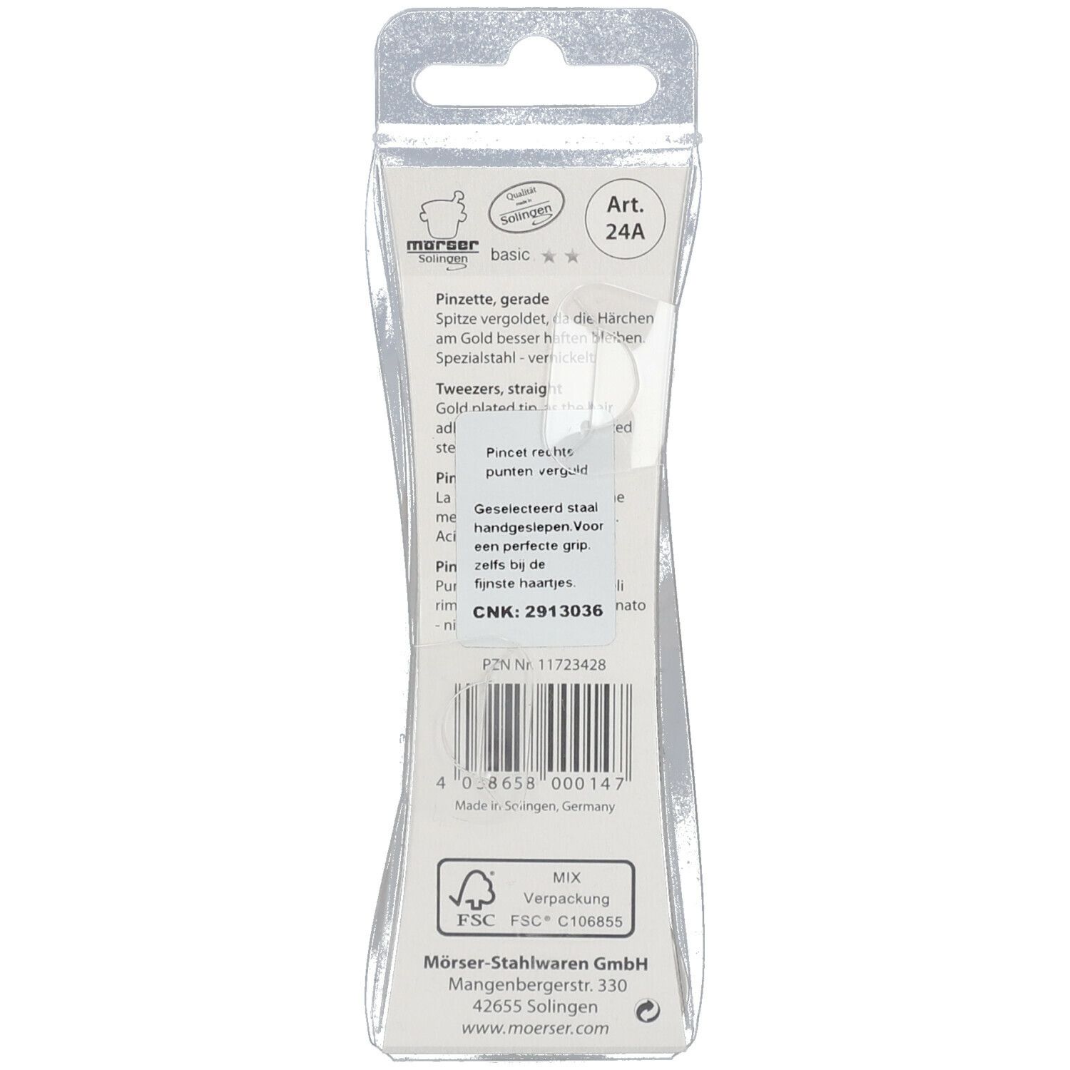 Rückseite der Blisterverpackung. Text: Pinzette gerade, Spitze vergoldet, mörser, Art. 24A, FSC-Logo.