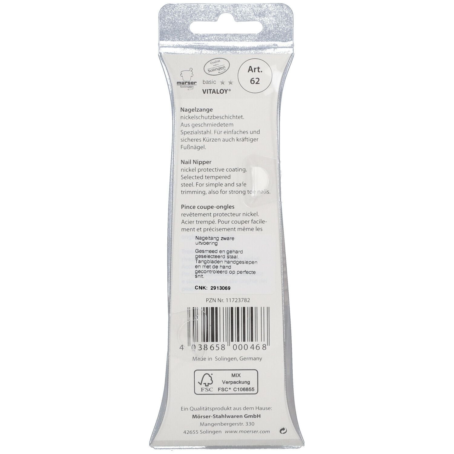 Dos de l'emballage de la pince à ongles TopInox 12 cm. Informations sur le produit et code-barres.