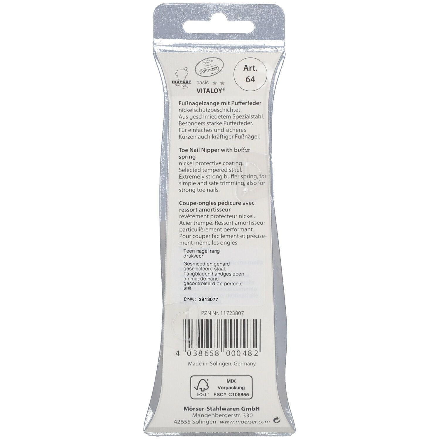 Rückseite der Zehennagelzange in Blisterverpackung. Text: VITALOY, Morser, Art. 64, FSC-Logo, Barcode.