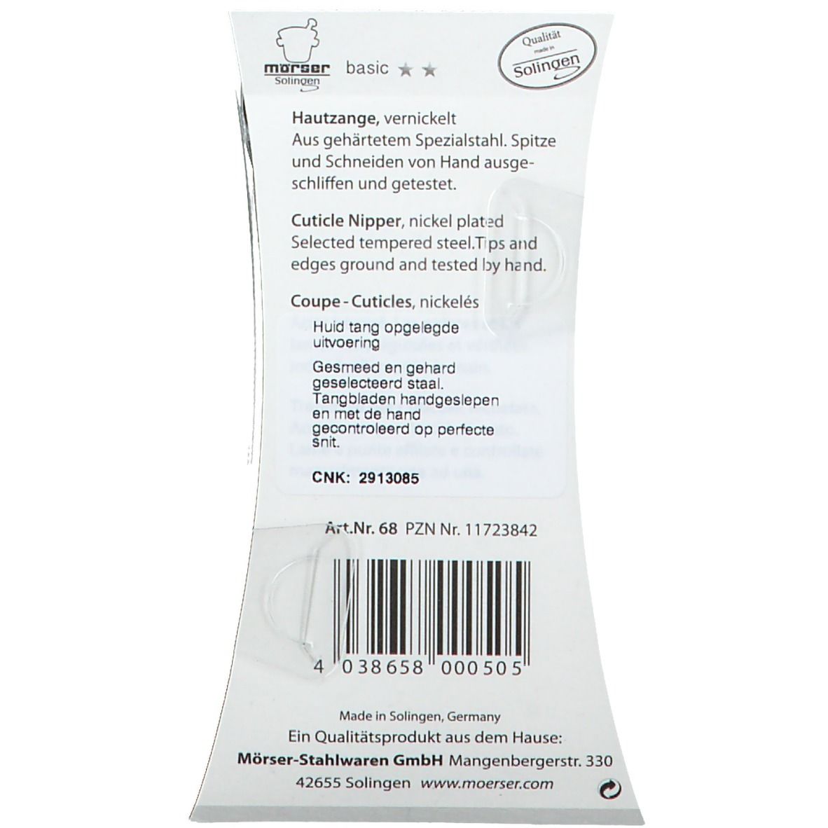 Rückseite der Verpackung. Text in Deutsch, Englisch, Italienisch und Niederländisch. Barcode und Herstellerinformationen.