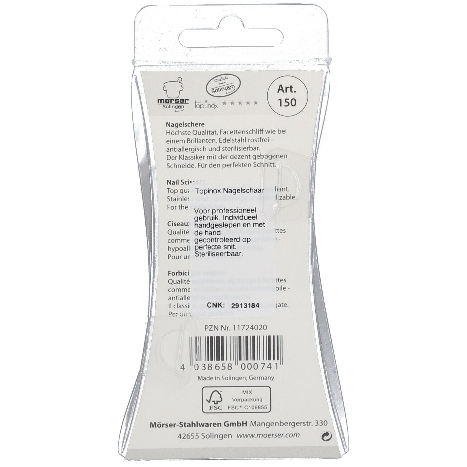 Dos de l'emballage blister. Texte : Ciseaux à ongles, Topinox, inoxydable, stérile. Fabricant : mörser Stahlwaren. Avec label qualité.