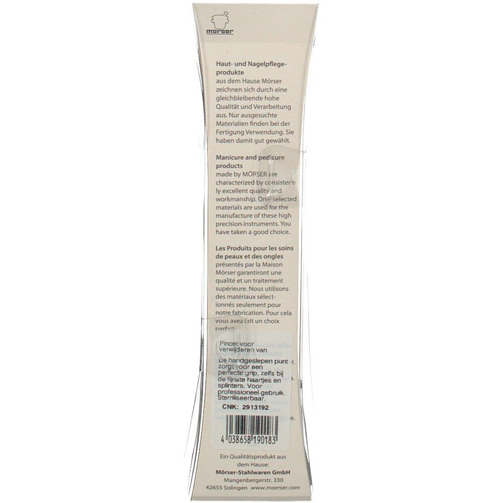 Dos de l'emballage. Texte : Produits de soins de la peau et des ongles, mörser. Code-barres, CMK : 2913192. Logo mörser.