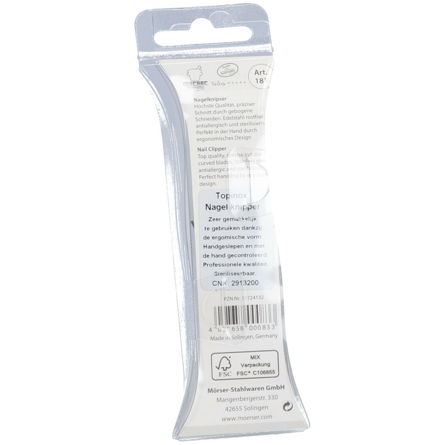 Dos de l'emballage. Texte en allemand et en anglais. Nom du produit : Topinox Nagelknipser. Code-barres et informations fabricant.