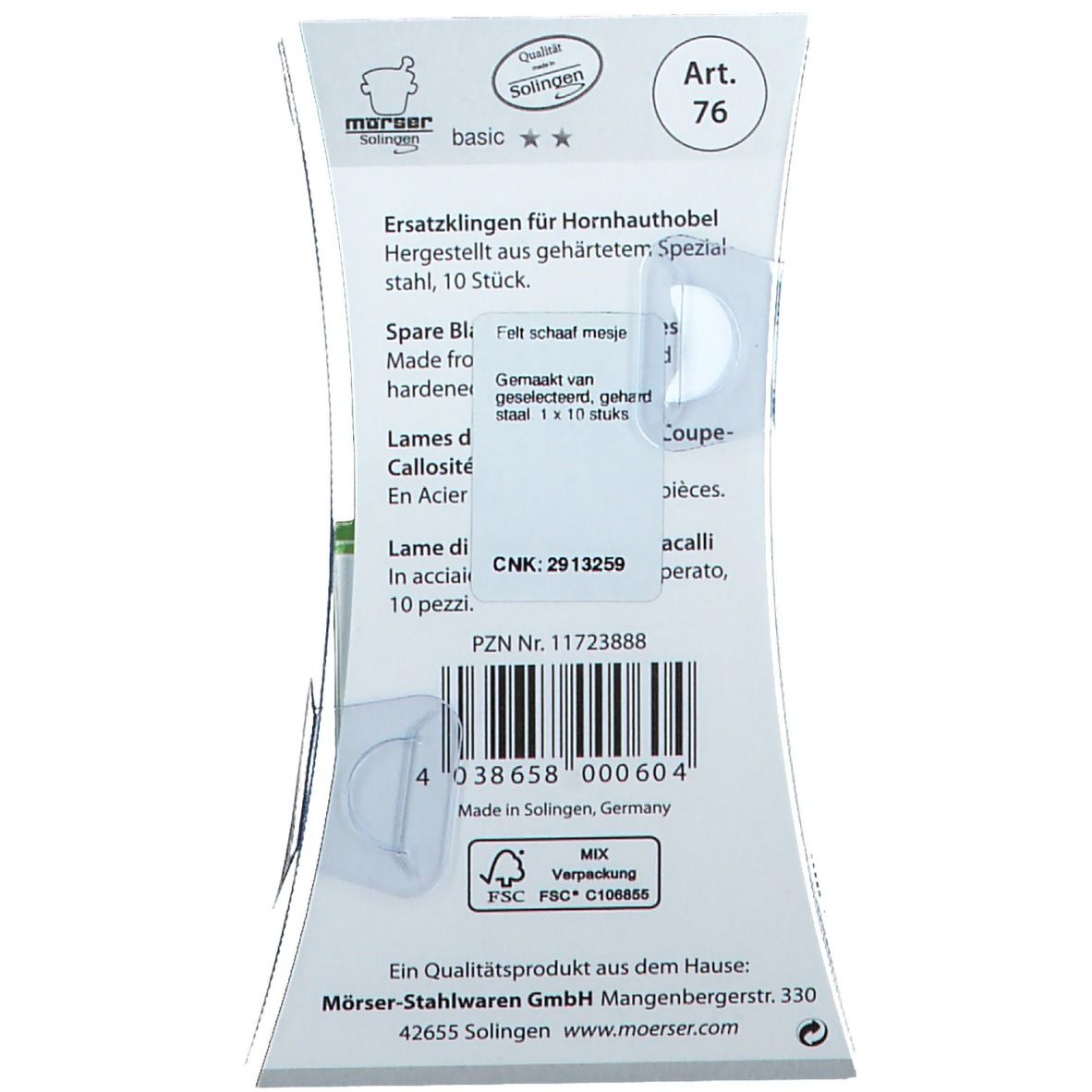 Rückseite der Verpackung mit Produktinformationen und Barcode. Text in Deutsch, Englisch, Französisch, Niederländisch und Italienisch.