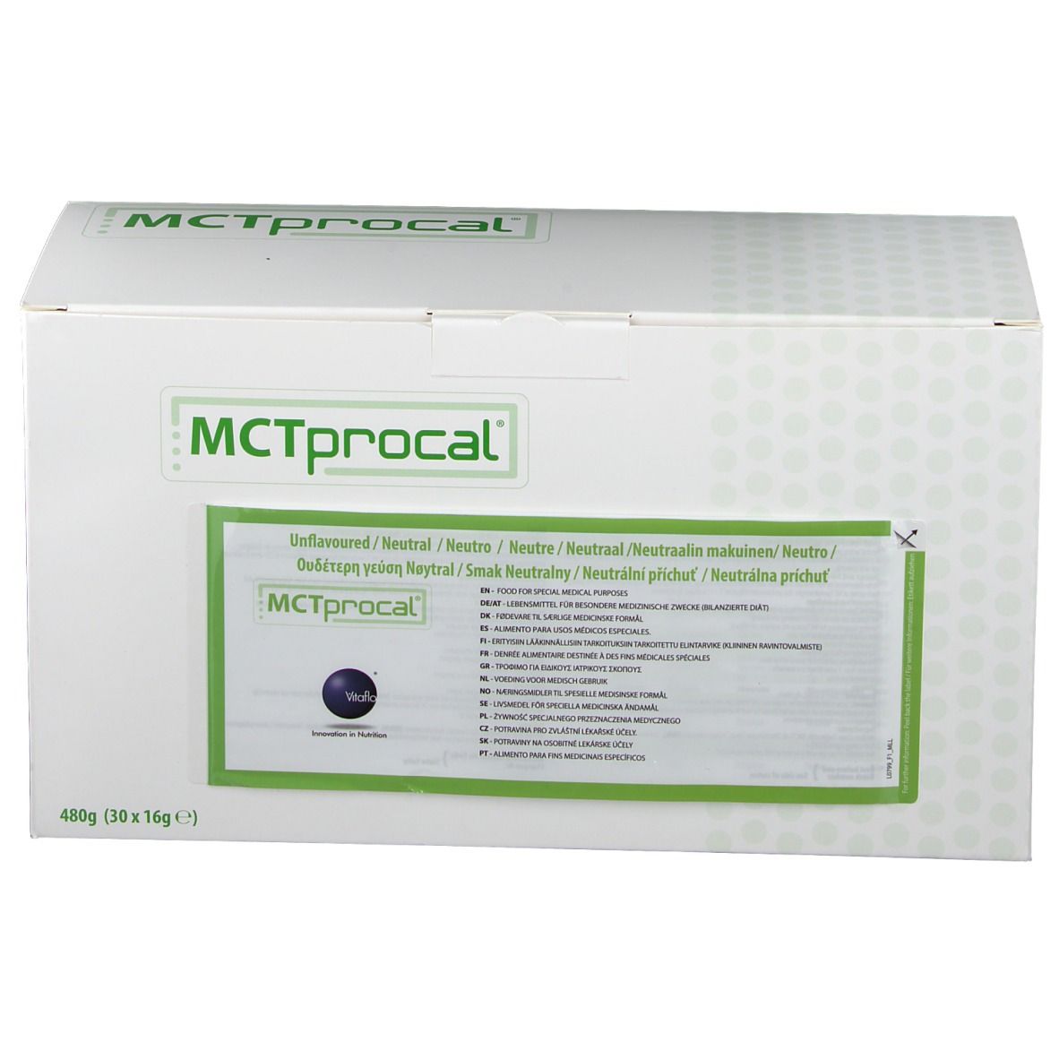 Boîte en carton blanche avec cadre vert. Inscription: MCTprocal. Contient des informations en plusieurs langues. 480g (30 x 16g).