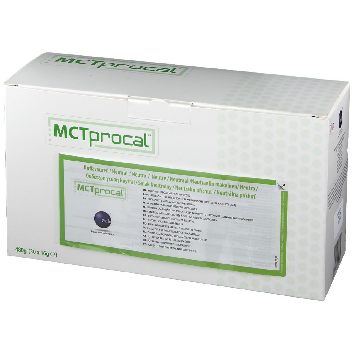 Boîte en carton blanche avec cadre vert. Inscription: MCTprocal. Contient des informations en plusieurs langues. 480g (30 x 16g).