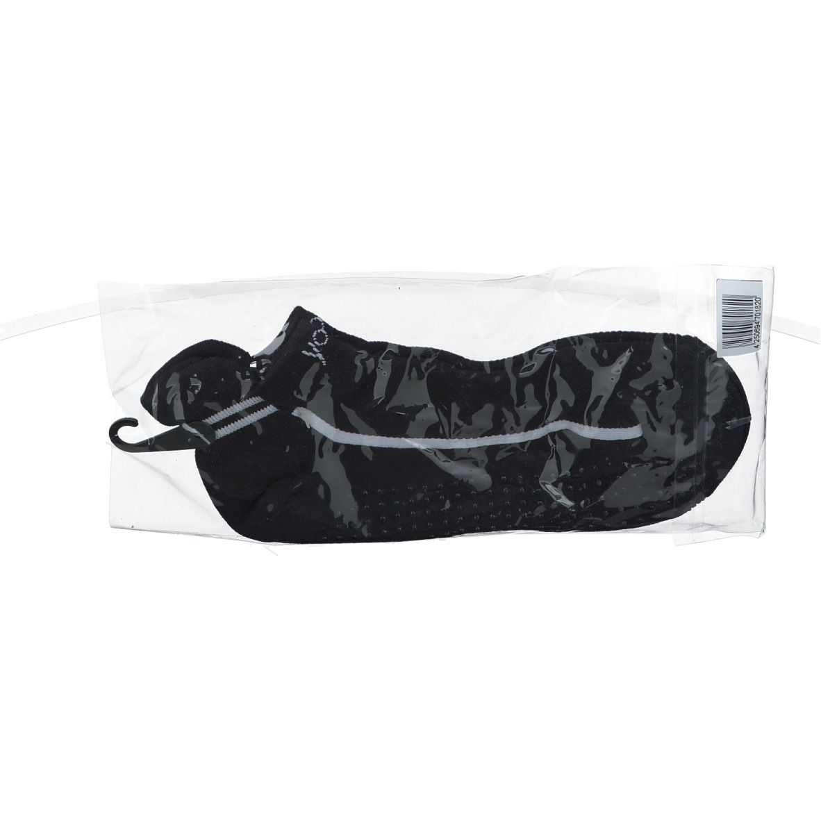 Schwarze Yoga-Socken in Plastikverpackung. Mit Haken. Sichtbare Größe L/XL.