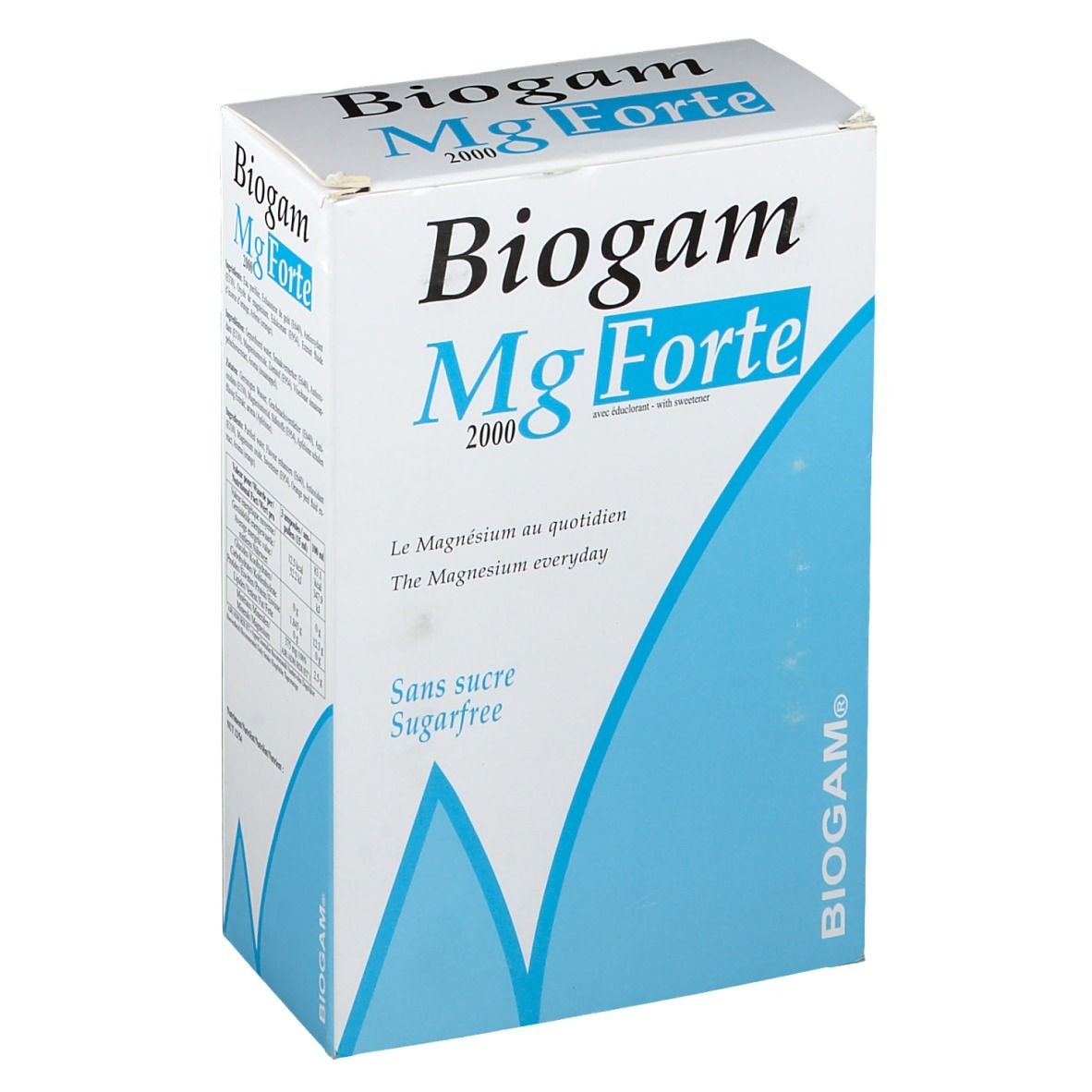 Boîte Biogam Mg Forte 2000. Carton blanc avec accents bleus. Inscription: Biogam Mg Forte, Sans sucre/Sugarfree.