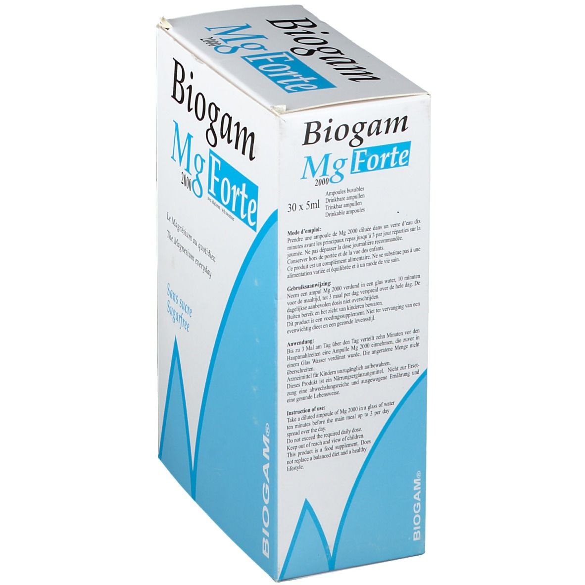 Boîte Biogam Mg Forte 2000, en biais. Contient 30x5ml. Texte: Biogam Mg Forte, mode d'emploi, ingrédients, Sans sucre/Sugarfree.