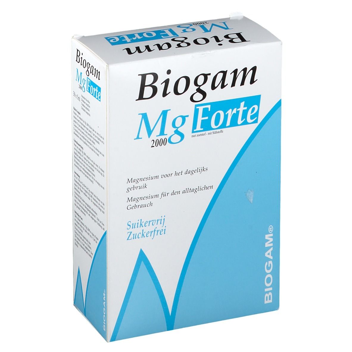 Boîte Biogam Mg Forte 2000. Carton blanc avec vagues bleues. Texte: Biogam Mg Forte, Magnésium pour l'usage quotidien, Sans sucre.