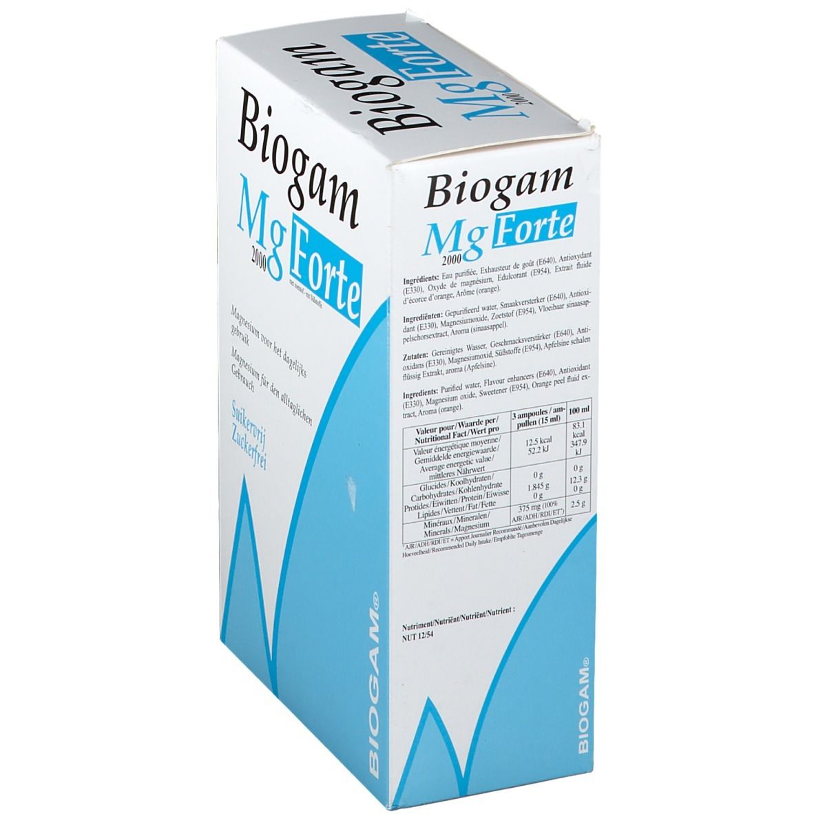 Boîte Biogam Mg Forte 2000, en biais. Arrière avec ingrédients et informations nutritionnelles. Texte: Biogam Mg Forte, Sans sucre.