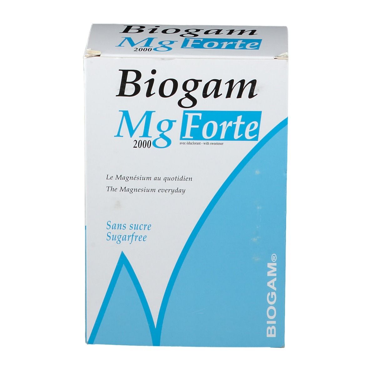 Boîte Biogam Mg Forte 2000. Carton blanc avec accents bleus. Texte: Biogam Mg Forte, Le Magnésium au quotidien, Sans sucre/Sugarfree.