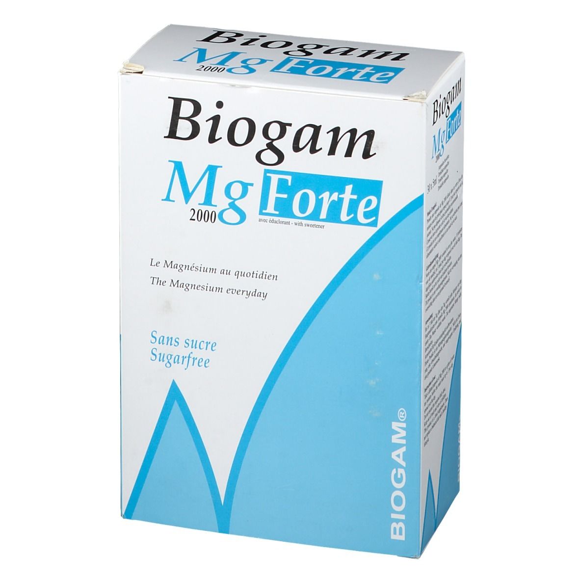 Boîte Biogam Mg Forte 2000. Carton blanc avec accents bleus. Texte: Biogam Mg Forte, Le Magnésium au quotidien, Sans sucre/Sugarfree.