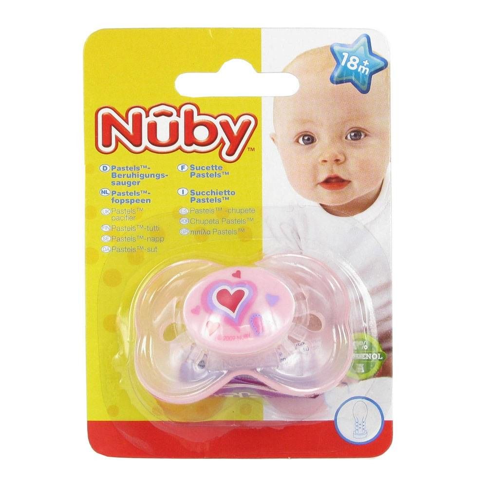 Nuby fopspeen in verpakking. Roze speen, gele verpakking met babyfoto en productinformatie.