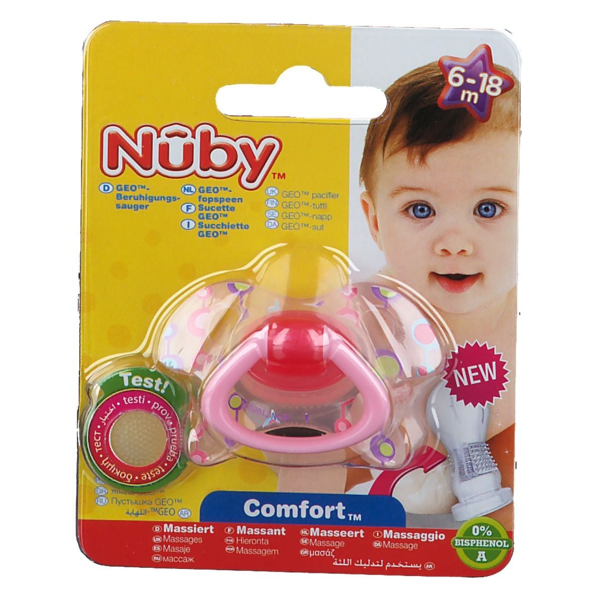 Emballage de sucette. Tétine rose, bouclier jaune, emballage transparent. Recommandé pour 6-18 mois.