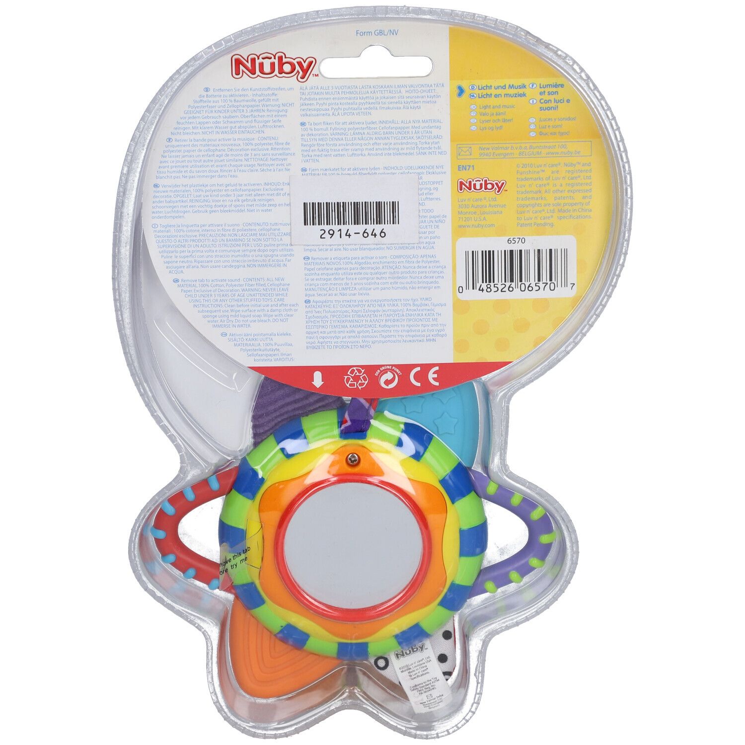 Achterkant van de verpakking van de Nûby™ bijtring met muziek. Product met spiegel, geel, blauw, rood en groen.