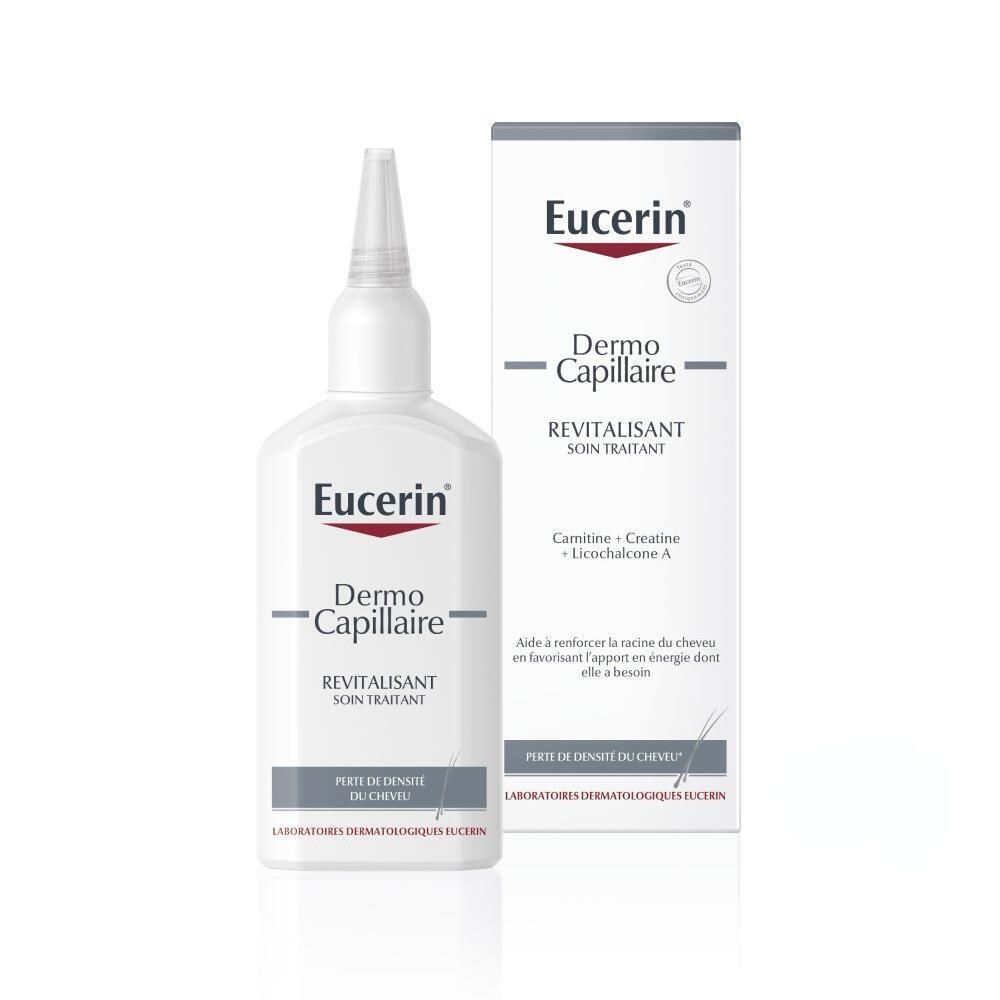 Flacon et emballage. Logo Eucerin et DermoCapillaire. Texte: Revitalisant, Soin traitant. Avec Carintine + Creatine.