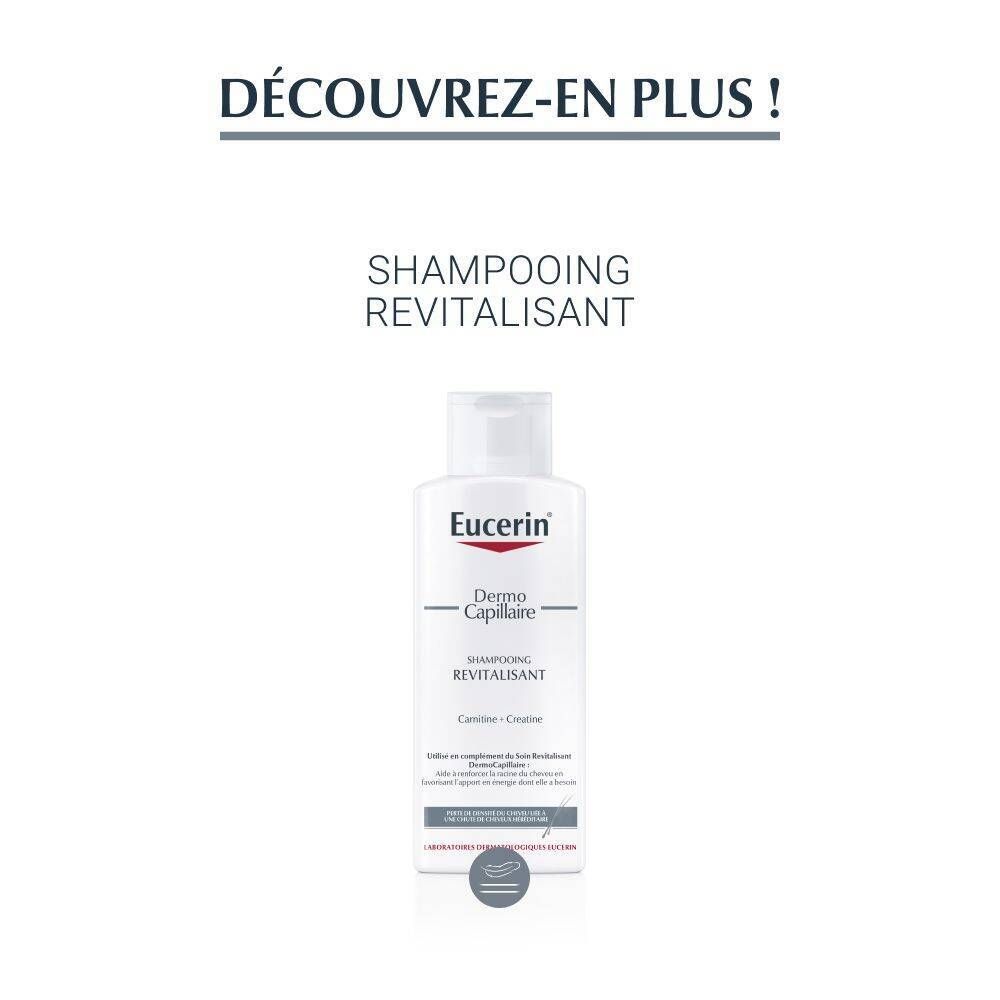 Flacon blanc avec logo Eucerin et DermoCapillaire. Texte: Shampooing Revitalisant. Avec Carintine + Creatine.