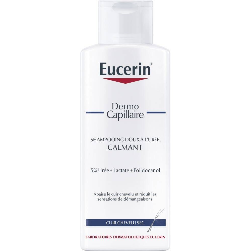 Flacon de shampooing Eucerin DermoCapillaire. Flacon blanc, étiquette bleue. Contient 5% d'urée, lactate et polidocanol.