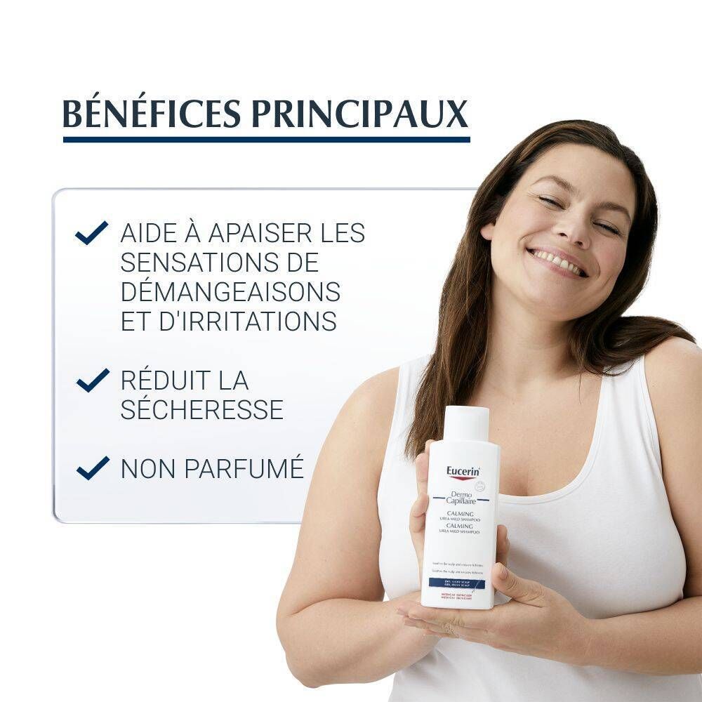 Femme tenant le shampooing Eucerin DermoCapillaire. Texte: Apaise les démangeaisons, réduit la sécheresse, sans parfum.