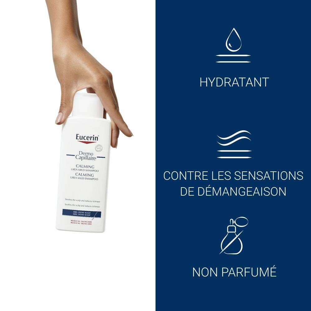 Main tenant le shampooing Eucerin DermoCapillaire. Texte: Hydratant, contre les démangeaisons, sans parfum.
