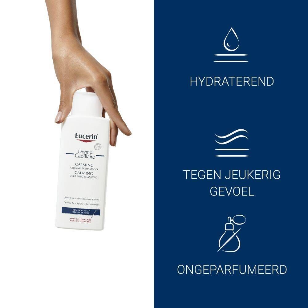 Hand houdt Eucerin DermoCapillaire Shampoo vast. Tekst: Hydraterend, tegen jeukerig gevoel, ongeparfumeerd.