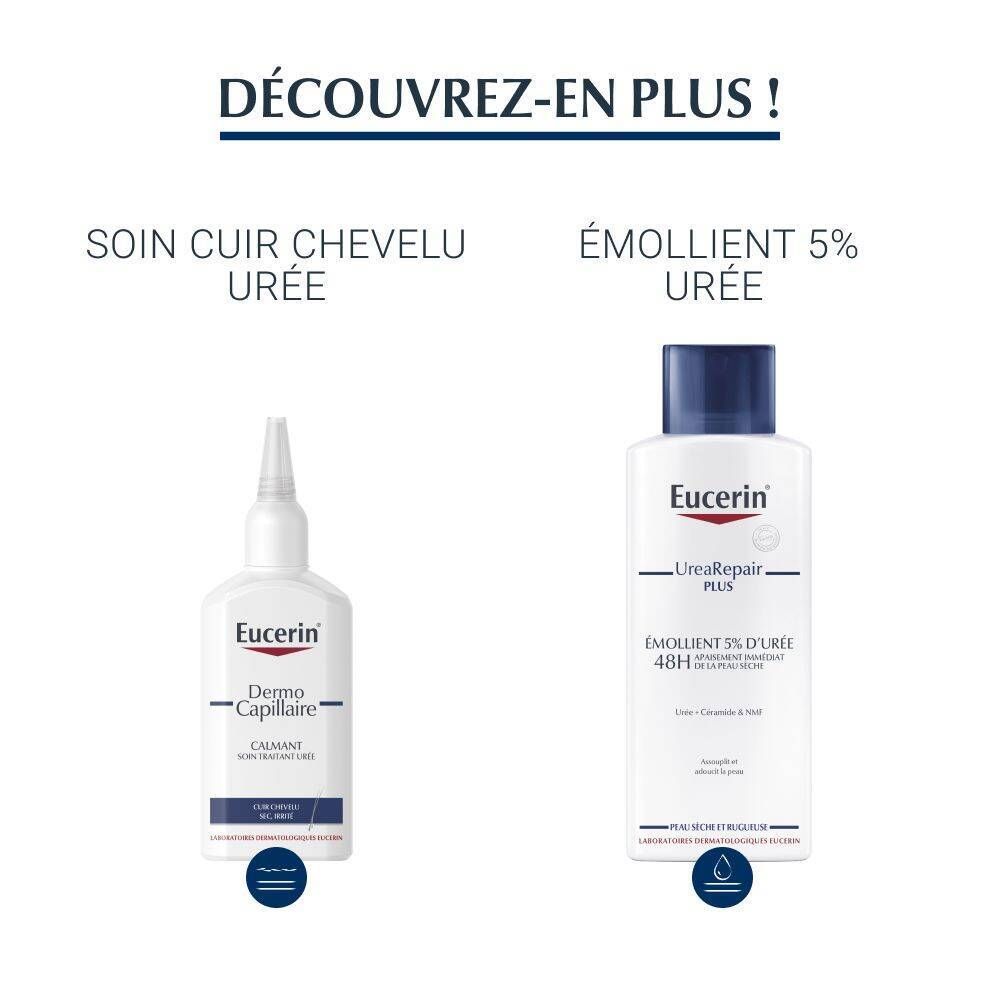 Comparaison : shampooing Eucerin DermoCapillaire et lotion UreaRepair PLUS. Les deux produits sont visibles.