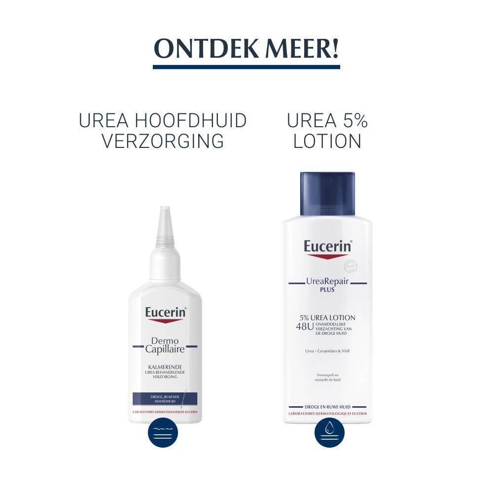 Vergelijking: Eucerin DermoCapillaire Shampoo en UreaRepair PLUS Lotion. Beide producten zichtbaar.