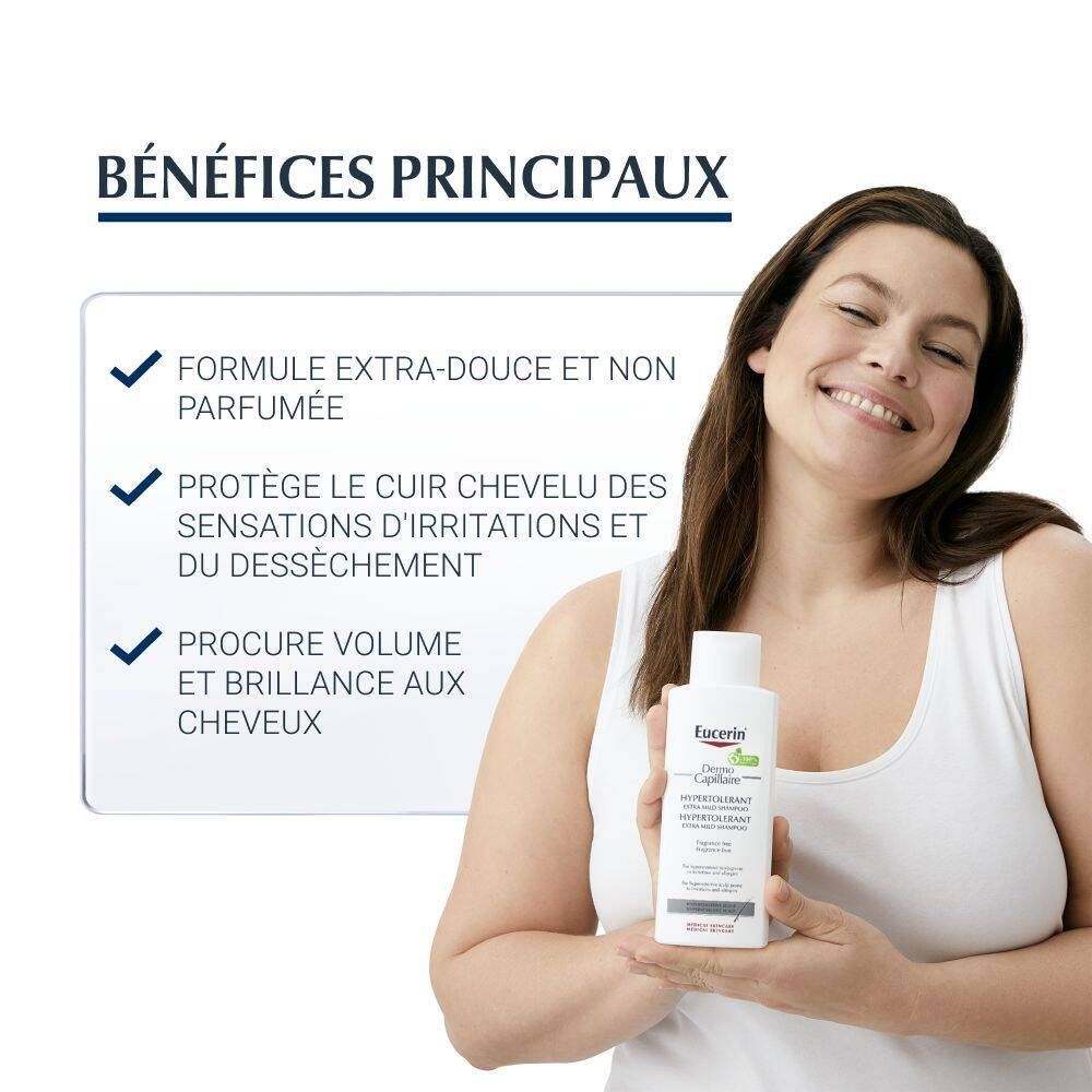Femme tenant un flacon Eucerin DermoCapillaire Shampoo. Texte: Bénéfices principaux. Formule extra-douce et non parfumée. Protège le cuir chevelu.