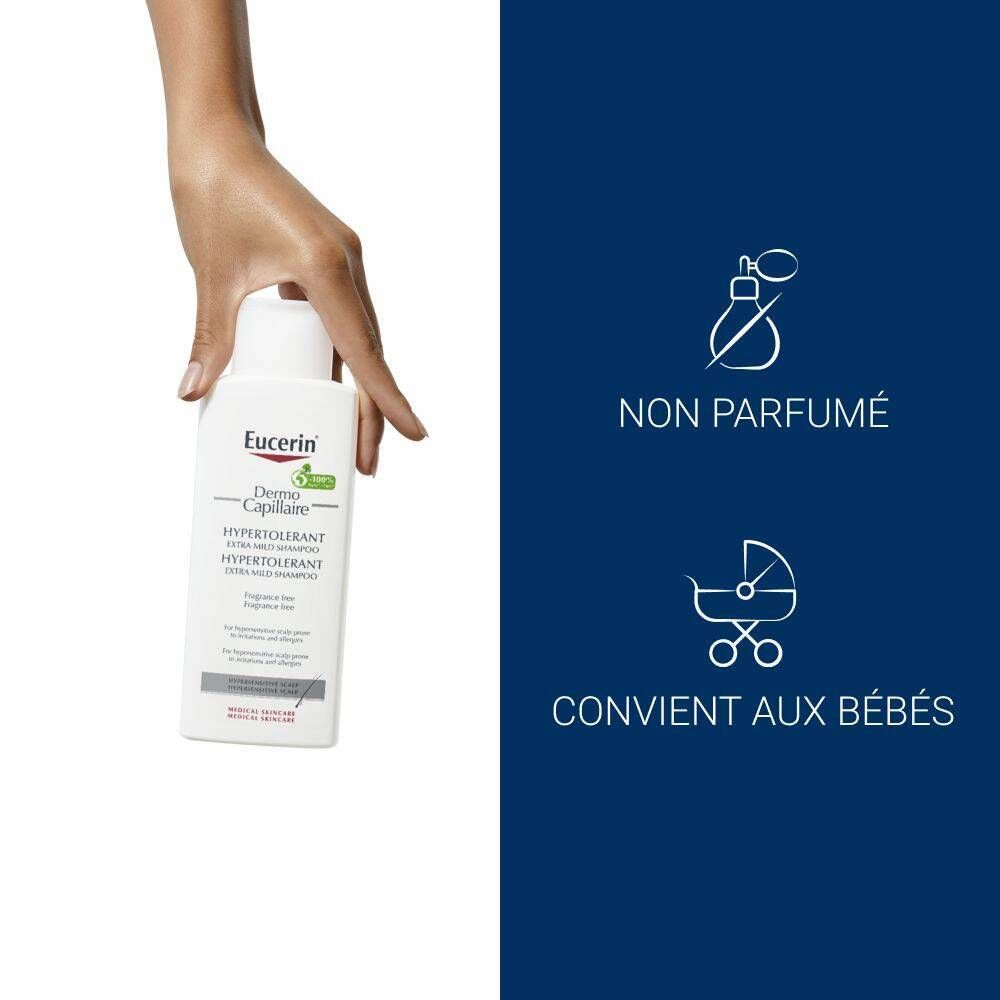Main tenant un flacon Eucerin DermoCapillaire Shampoo. Texte: Non parfumé. Convient aux bébés. Illustration: poussette.