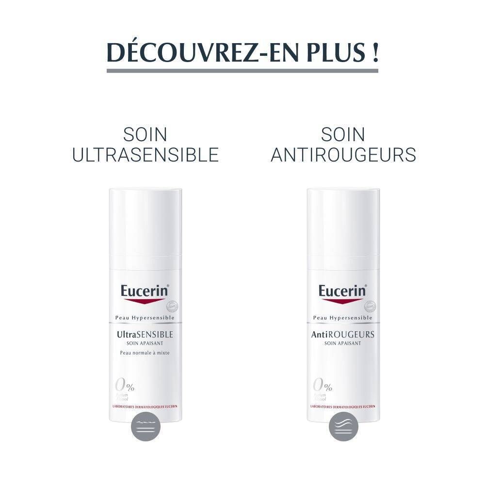 Deux flacons blancs. Eucerin UltraSENSITIVE Crème et AntiROUGEURS Crème. 0% ingrédients.