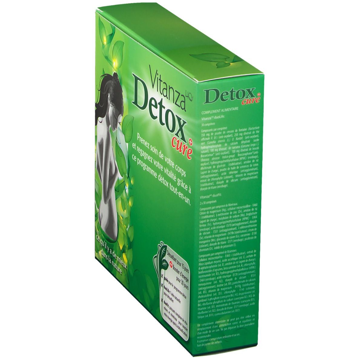 Grüne Verpackung, Vitanza Detox Cure. Seitenansicht. Text in Französisch. Produktinformationen.