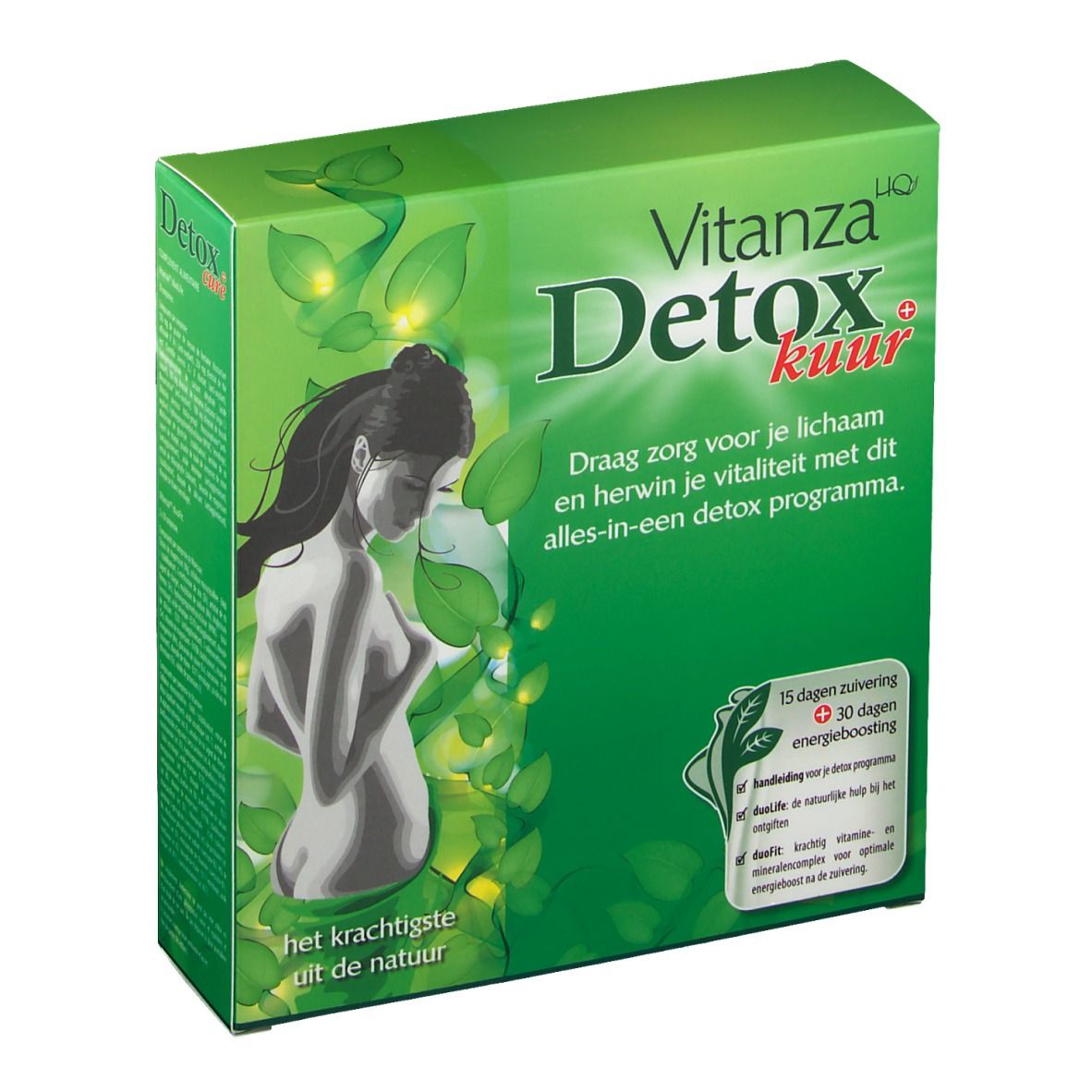 Grüne Verpackung mit Vitanza Detox kuur. Abbildung einer Frau. Text in Niederländisch.