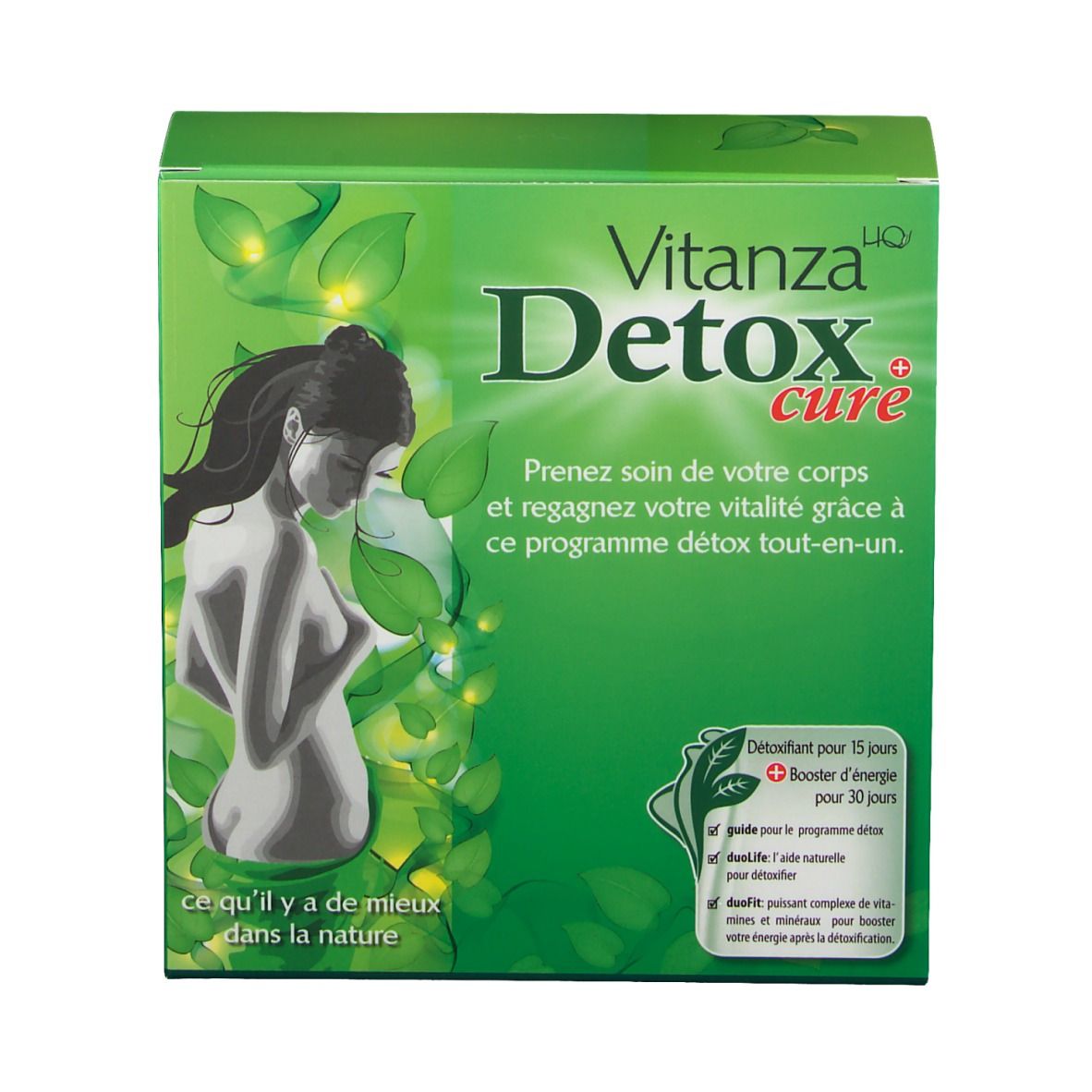 Grüne Verpackung mit Vitanza Detox Cure. Abbildung einer Frau. Text in Französisch.