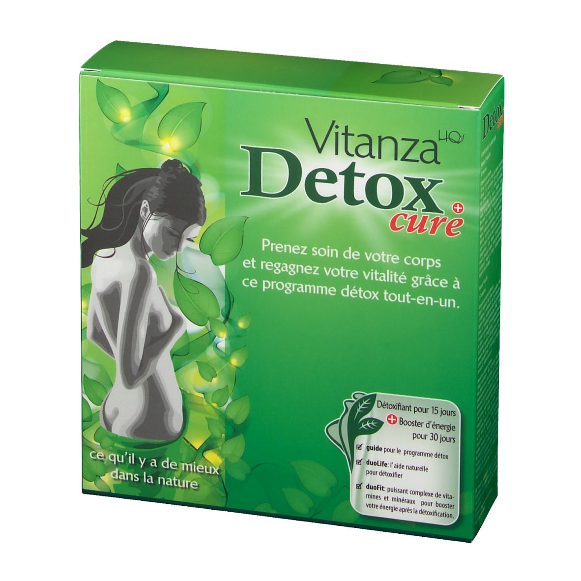 Grüne Verpackung mit Vitanza Detox Cure. Abbildung einer Frau. Text in Französisch.