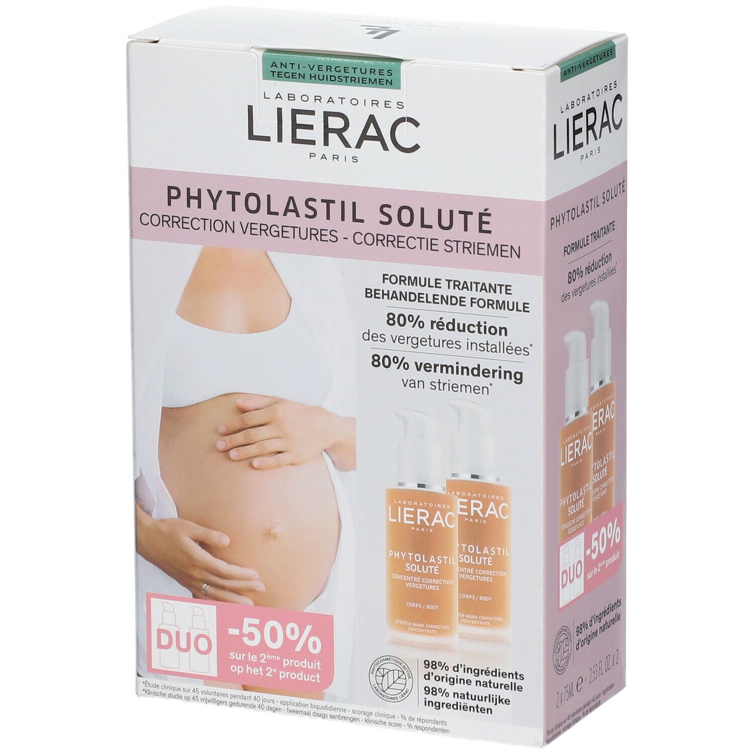 Verpakking LIERAC PHYTOLASIL SOLUTÉ. Twee serumflacons, afbeelding van zwangere vrouw. Tekst: 80% vermindering van striemen.