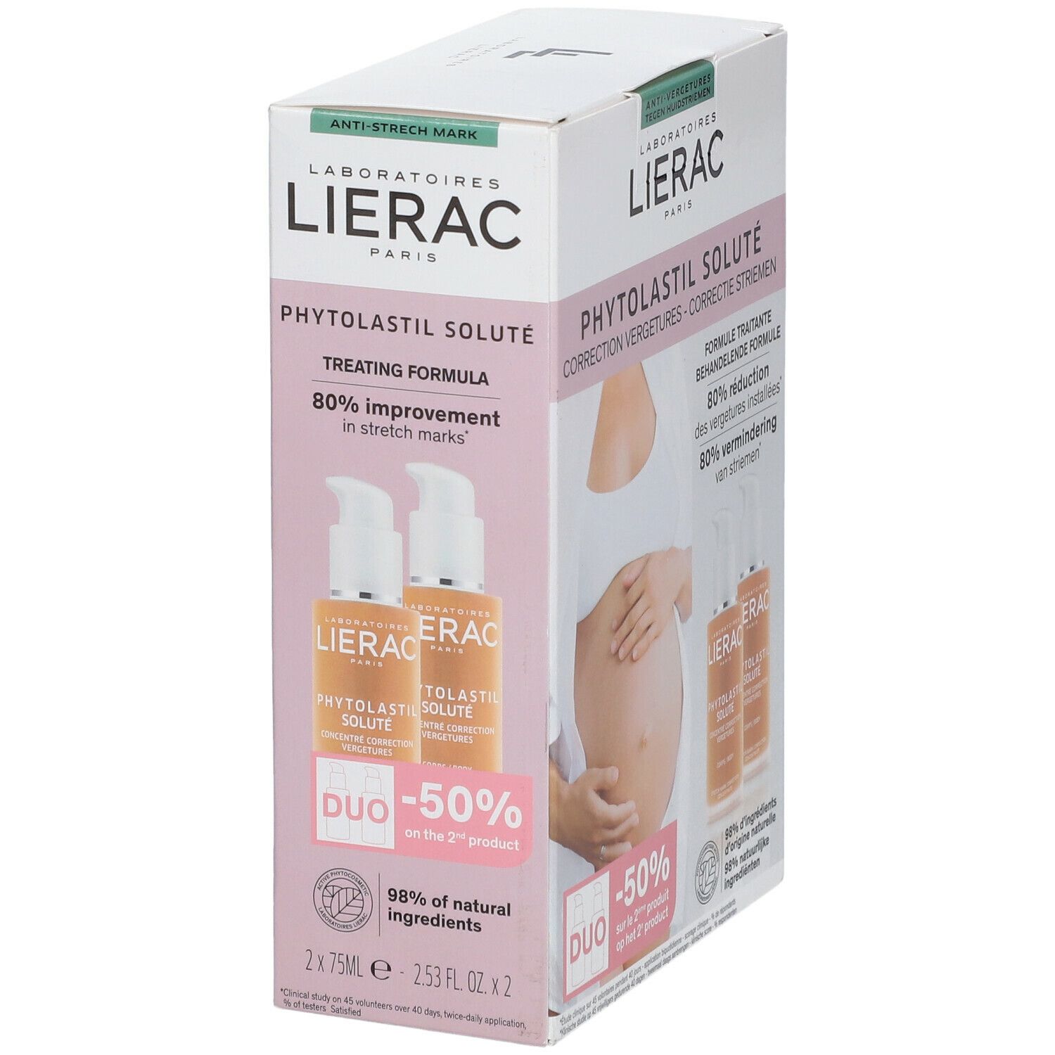 Verpakking LIERAC PHYTOLASIL SOLUTÉ. Twee serumflacons. Tekst: 80% verbetering van striemen. Duo-aanbieding met 50% korting.