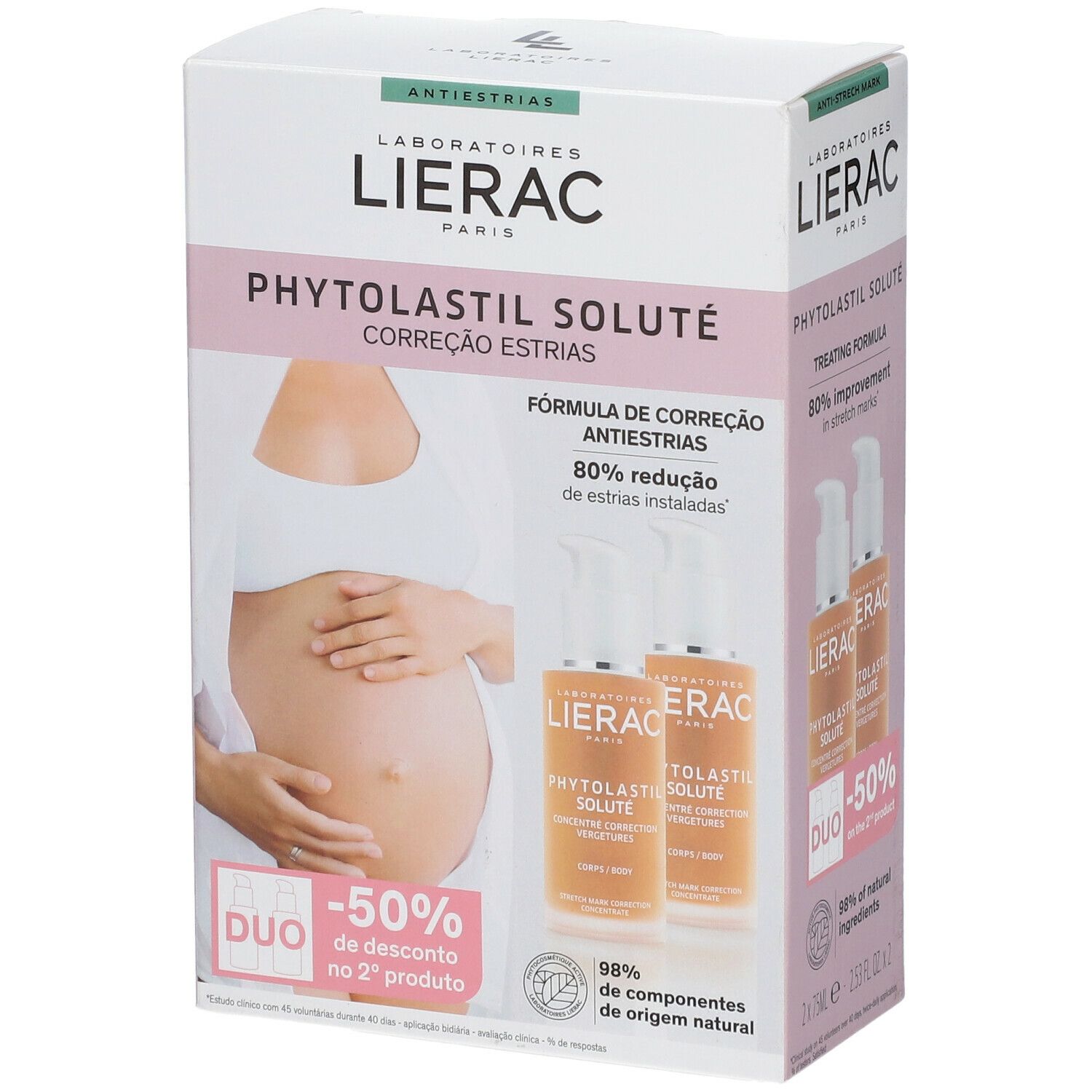 Verpakking LIERAC PHYTOLASIL SOLUTÉ. Twee serumflacons, afbeelding van zwangere vrouw. Tekst: 80% reductie van striemen.