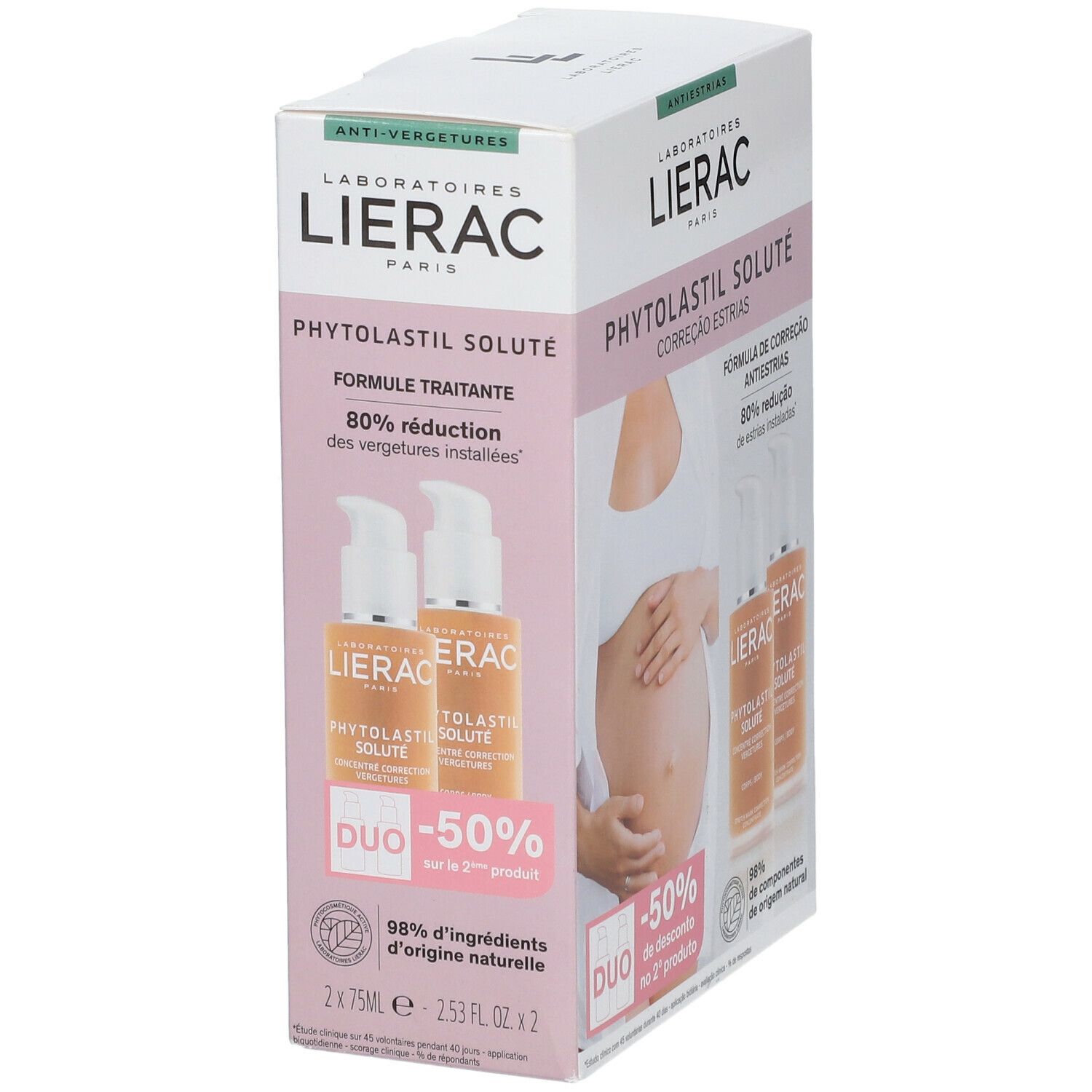 Verpakking LIERAC PHYTOLASIL SOLUTÉ. Twee serumflacons. Tekst: 80% reductie van striemen. Duo-aanbieding met 50% korting.