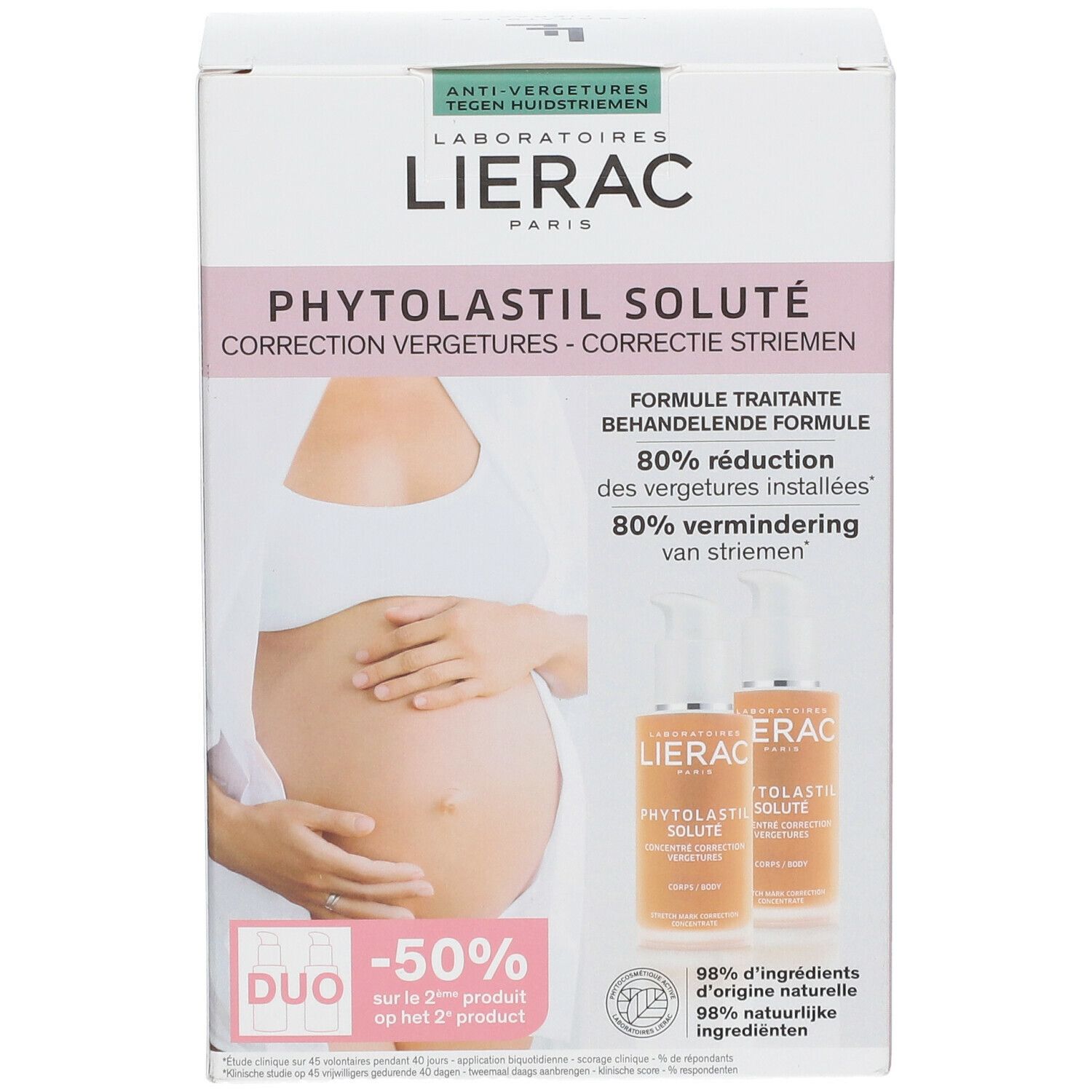 Verpakking LIERAC PHYTOLASIL SOLUTÉ. Twee serumflacons, afbeelding van zwangere vrouw. Tekst: 80% vermindering van striemen.