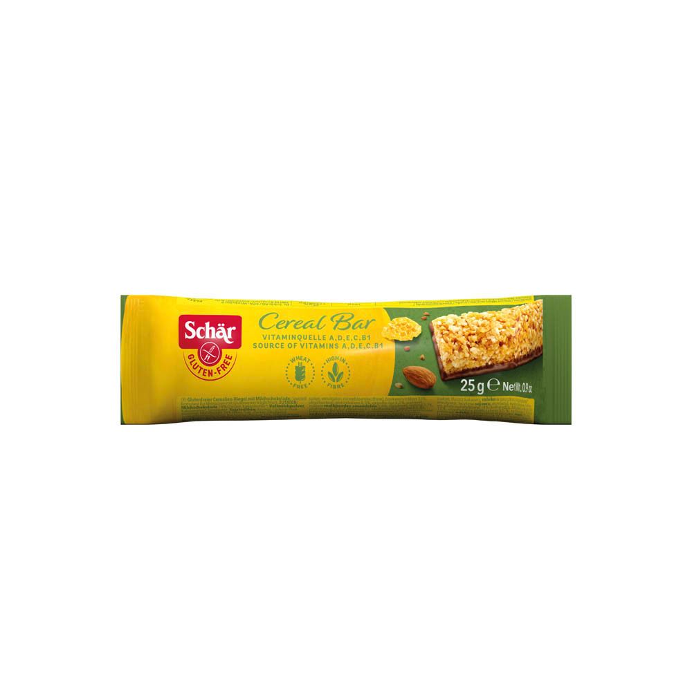 Emballage jaune et vert Schär Cereal Bar. Logo sans gluten, 25g, source de vitamines. Barre céréalière avec amandes.